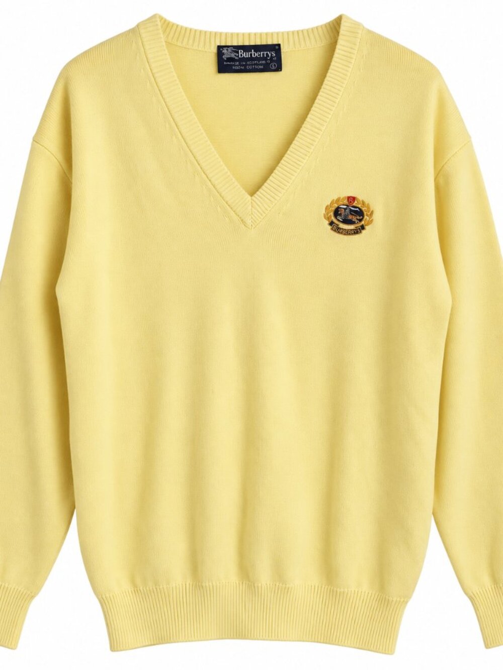 Vintage Burberrys Men’s Yellow V-Neck Cotton Crest Sweater Size M